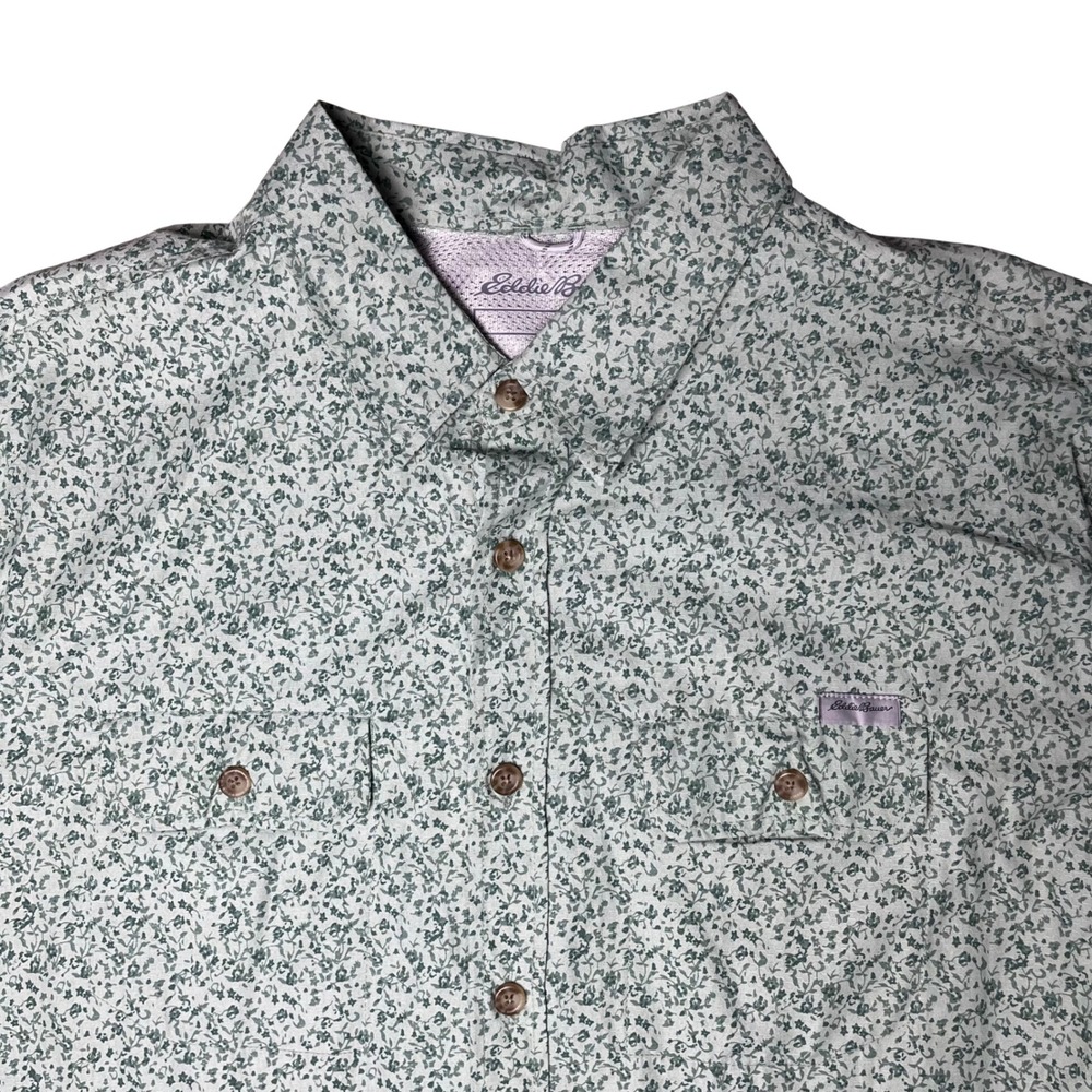 Eddie Bauer Button Down Shirt Mens Large Green Floral‎ Short Sleeve Outdoor